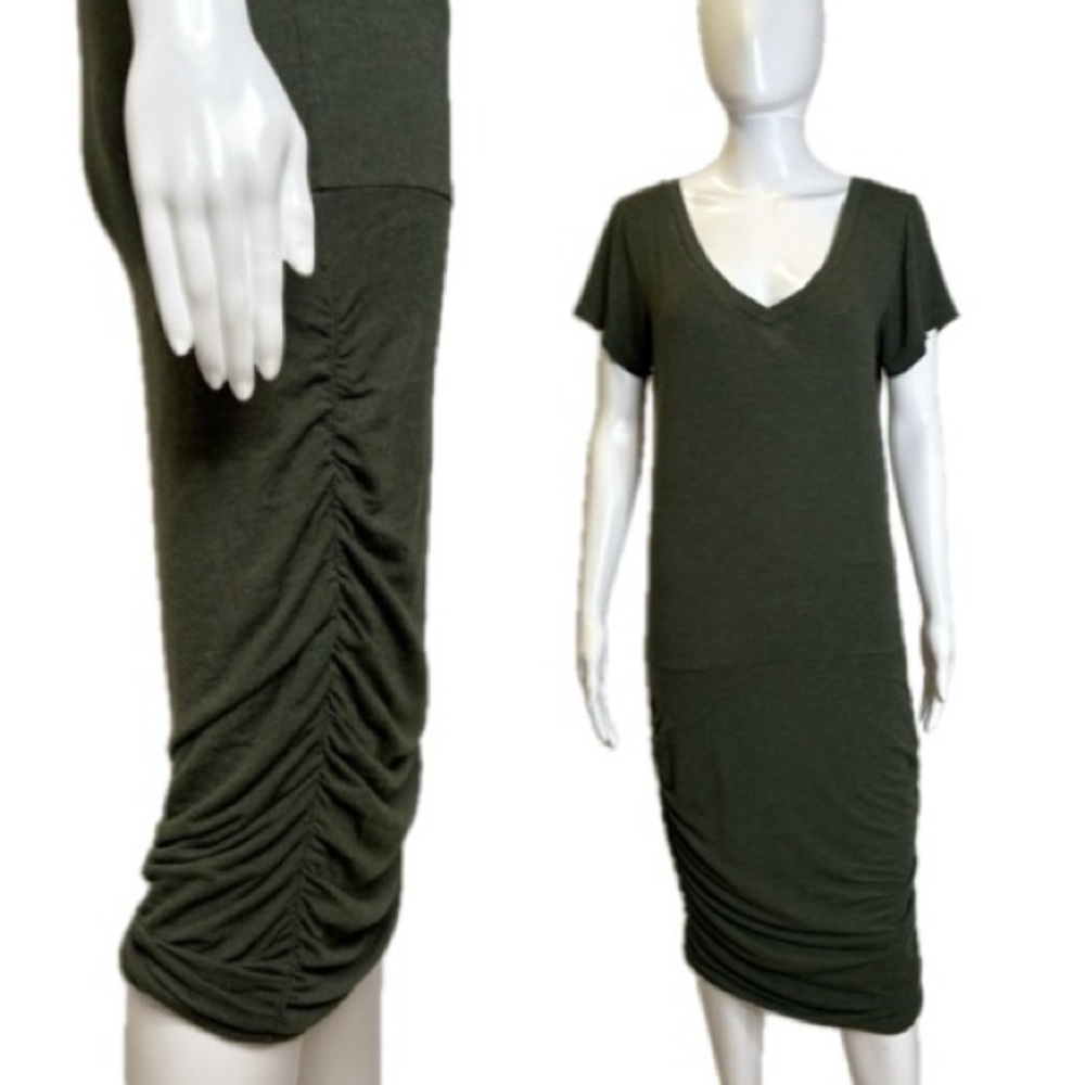 Prana Olive Green V-Neck Ruched Midi Dress